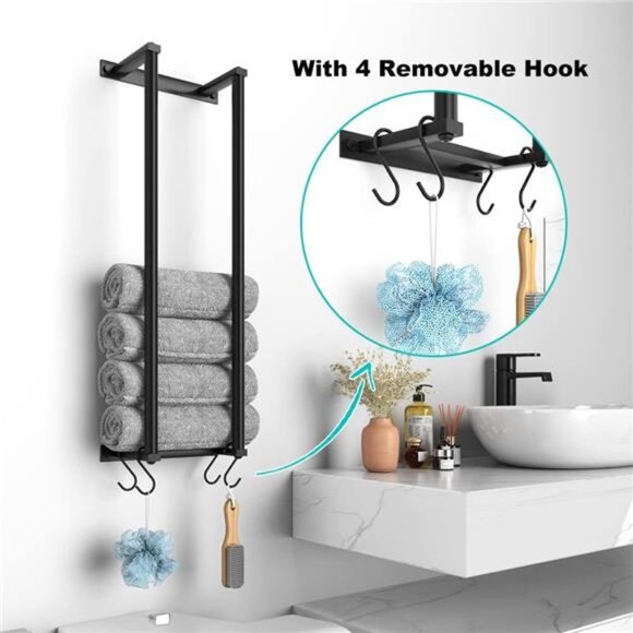 Wall Towel Rack, 2 Bar Towel Racks, Metal Bath Towel Holder, Black - Picture 5 of 8